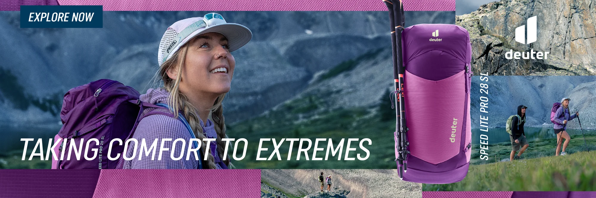 deuter Speed Lite Pro hiking backpack, a promotional banner reading "taking comfort to extremes"