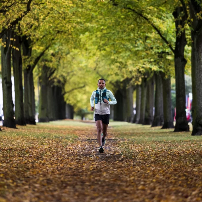 Deuter Traick, worn Amit Storyteller as he is running in Central Park